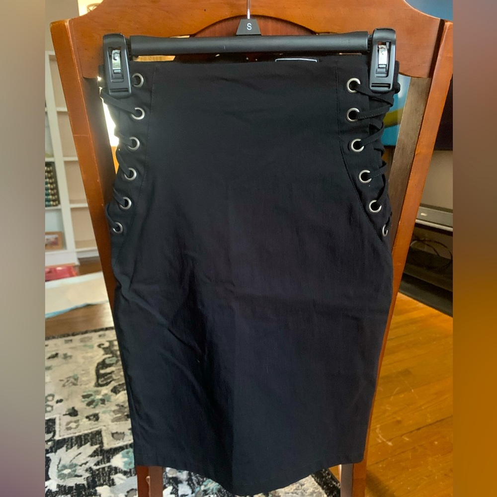 HAVE Black Stretch Pencil Skirt Lace Up Sides Size S